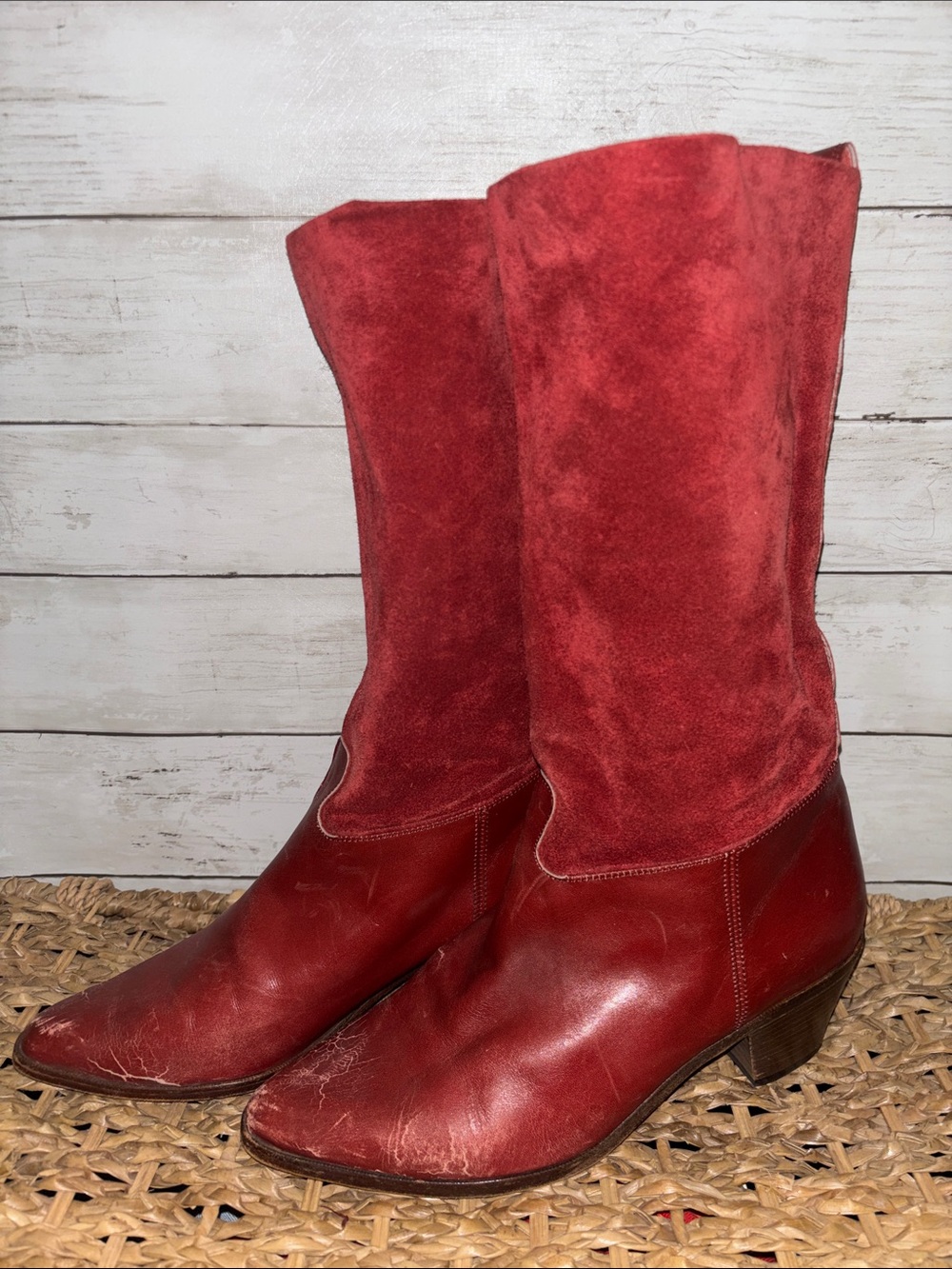 Vintage Cedric Paris Di Fiori Red Leather‎ & Suede Mid Calf Western Boots RARE❗️